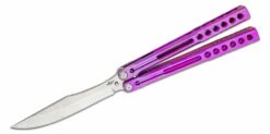Heibel Knives Invictus Balisong #113 Butterfly Knife 4.75″ RWL-34 Stonewashed Harpoon Blade, Violet Integral Tapered Full Channel Titanium Handles