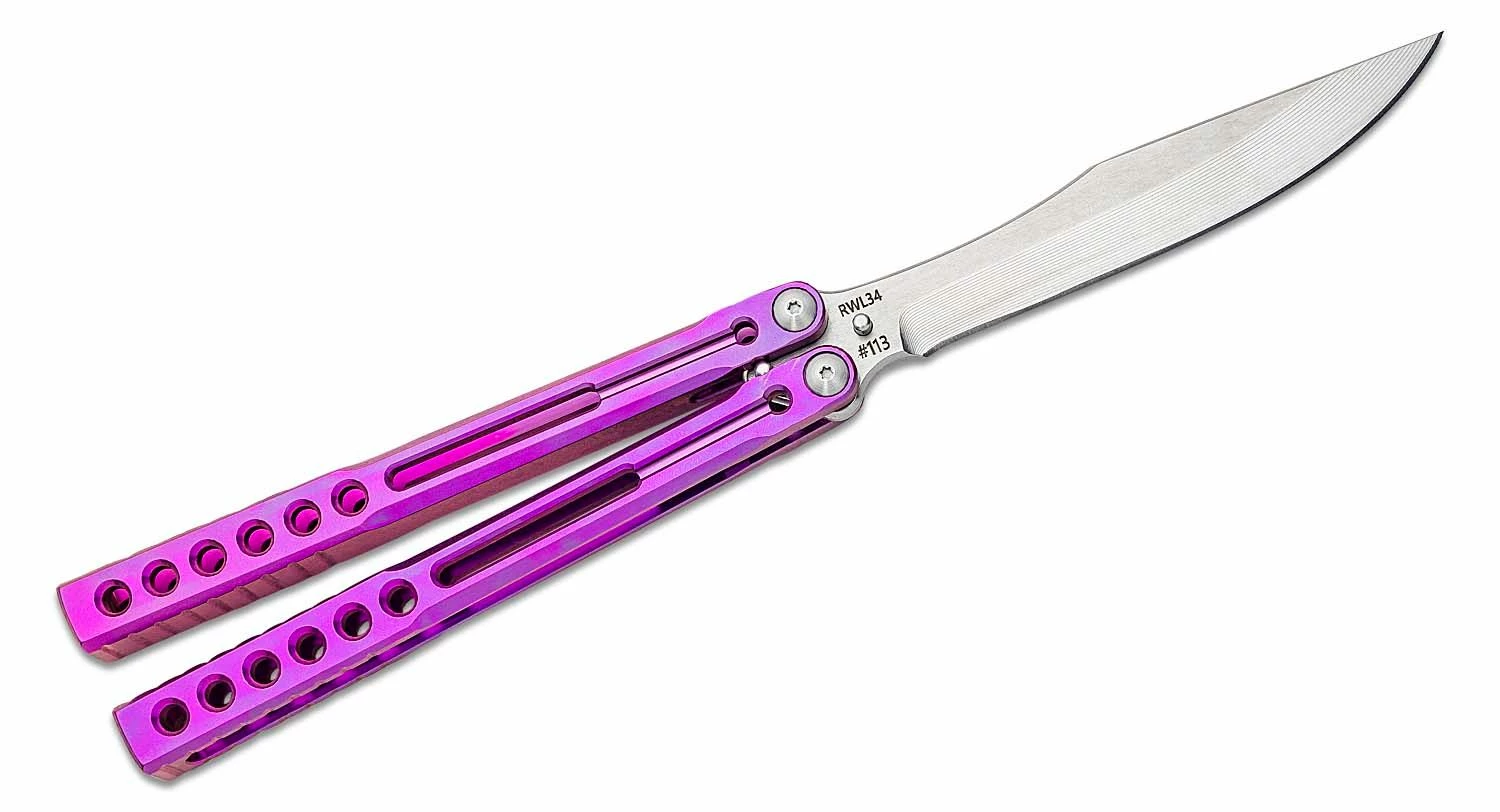 Heibel Knives Invictus Balisong #113 Butterfly Knife 4.75″ RWL-34 Stonewashed Harpoon Blade, Violet Integral Tapered Full Channel Titanium Handles 4 Heibel Knives Invictus Balisong #113 Butterfly Knife 4.75″ RWL-34 Stonewashed Harpoon Blade, Violet Integral Tapered Full Channel Titanium Handles - Image 2