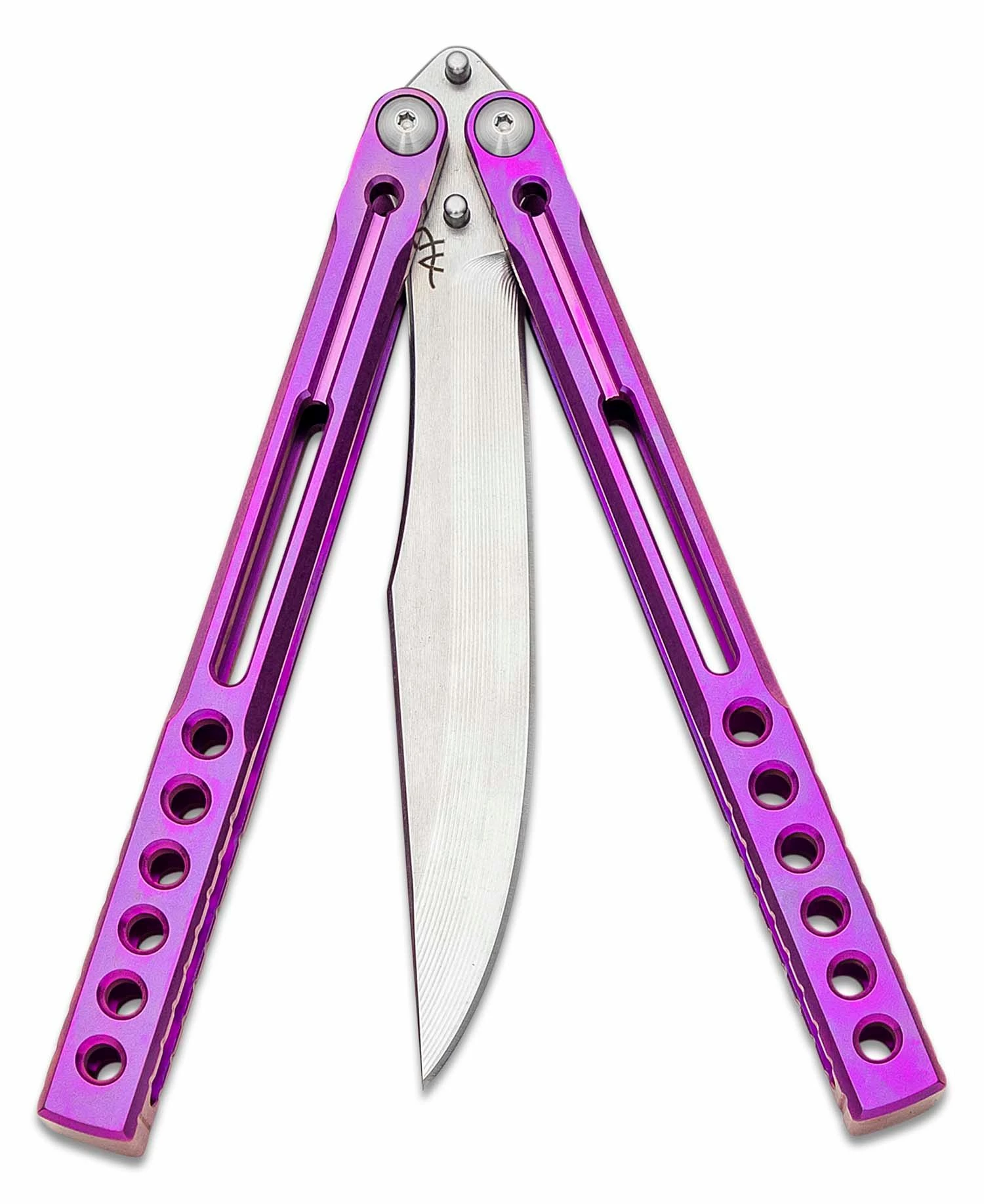 Heibel Knives Invictus Balisong #113 Butterfly Knife 4.75″ RWL-34 Stonewashed Harpoon Blade, Violet Integral Tapered Full Channel Titanium Handles 5 Heibel Knives Invictus Balisong #113 Butterfly Knife 4.75″ RWL-34 Stonewashed Harpoon Blade, Violet Integral Tapered Full Channel Titanium Handles - Image 3