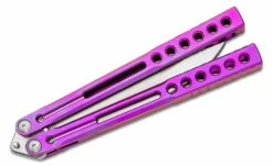 Heibel Knives Invictus Balisong #113 Butterfly Knife 4.75″ RWL-34 Stonewashed Harpoon Blade, Violet Integral Tapered Full Channel Titanium Handles 9 Heibel Knives Invictus Balisong #113 Butterfly Knife 4.75″ RWL-34 Stonewashed Harpoon Blade, Violet Integral Tapered Full Channel Titanium Handles -SANFORD CUSTOM KNIVES Sales HEIINV113 4