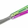 Heibel Knives Invictus Balisong #114 Butterfly Knife 4.75″ RWL-34 Acid Washed Harpoon Blade, Green And Violet Integral Tapered Full Channel Titanium Handles -SANFORD CUSTOM KNIVES Sales HEIINV114 1