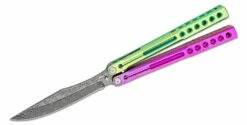 Heibel Knives Invictus Balisong #114 Butterfly Knife 4.75″ RWL-34 Acid Washed Harpoon Blade, Green And Violet Integral Tapered Full Channel Titanium Handles