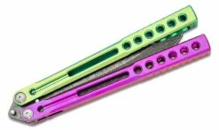 Heibel Knives Invictus Balisong #114 Butterfly Knife 4.75″ RWL-34 Acid Washed Harpoon Blade, Green And Violet Integral Tapered Full Channel Titanium Handles -SANFORD CUSTOM KNIVES Sales HEIINV114 4
