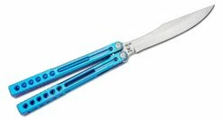 Heibel Knives Invictus Balisong #115 Butterfly Knife 4.75″ RWL-34 Stonewashed Harpoon Blade, Blue Integral Tapered Full Channel Titanium Handles