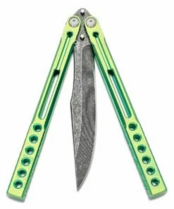 Heibel Knives Invictus Balisong #116 Butterfly Knife 4.75″ RWL-34 Acid Washed Harpoon Blade, Green Integral Tapered Full Channel Titanium Handles -SANFORD CUSTOM KNIVES Sales HEIINV116 3