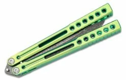 Heibel Knives Invictus Balisong #116 Butterfly Knife 4.75″ RWL-34 Acid Washed Harpoon Blade, Green Integral Tapered Full Channel Titanium Handles -SANFORD CUSTOM KNIVES Sales HEIINV116 4