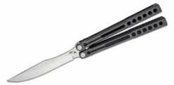 Heibel Knives Invictus Balisong #117 Butterfly Knife 4.75″ RWL-34 Stonewashed Harpoon Blade, Blackened Integral Tapered Full Channel Titanium Handles