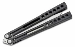 Heibel Knives Invictus Balisong #117 Butterfly Knife 4.75″ RWL-34 Stonewashed Harpoon Blade, Blackened Integral Tapered Full Channel Titanium Handles -SANFORD CUSTOM KNIVES Sales HEIINV117 4