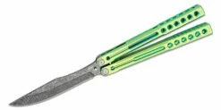 Heibel Knives Invictus Balisong #118 Butterfly Knife 4.75″ RWL-34 Acid Washed Harpoon Blade, Green Integral Tapered Full Channel Titanium Handles