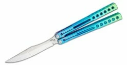 Heibel Knives Invictus Balisong #120 Butterfly Knife 4.75″ RWL-34 Acid Washed Harpoon Blade, Purple/Blue Fade Integral Tapered Full Channel Titanium Handles