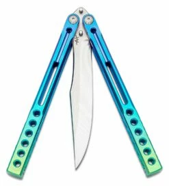 Heibel Knives Invictus Balisong #120 Butterfly Knife 4.75″ RWL-34 Acid Washed Harpoon Blade, Purple/Blue Fade Integral Tapered Full Channel Titanium Handles -SANFORD CUSTOM KNIVES Sales HEIINV119 3 1