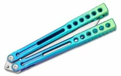 Heibel Knives Invictus Balisong #119 Butterfly Knife 4.75″ RWL-34 Stonewashed Harpoon Blade, Blue/Green Fade Integral Tapered Full Channel Titanium Handles -SANFORD CUSTOM KNIVES Sales HEIINV119 4