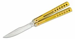 Heibel Knives Invictus Balisong #121 Butterfly Knife 4.75″ RWL-34 Stonewashed Harpoon Blade, Gold Integral Tapered Full Channel Titanium Handles