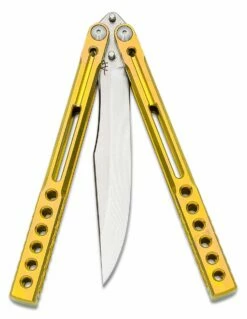 Heibel Knives Invictus Balisong #121 Butterfly Knife 4.75″ RWL-34 Stonewashed Harpoon Blade, Gold Integral Tapered Full Channel Titanium Handles -SANFORD CUSTOM KNIVES Sales HEIINV121 3