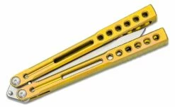 Heibel Knives Invictus Balisong #121 Butterfly Knife 4.75″ RWL-34 Stonewashed Harpoon Blade, Gold Integral Tapered Full Channel Titanium Handles -SANFORD CUSTOM KNIVES Sales HEIINV121 4