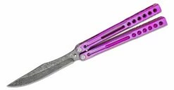 Heibel Knives Invictus Balisong #122 Butterfly Knife 4.75″ RWL-34 Acid Washed Harpoon Blade, Violet Integral Tapered Full Channel Titanium Handles