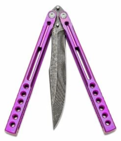 Heibel Knives Invictus Balisong #122 Butterfly Knife 4.75″ RWL-34 Acid Washed Harpoon Blade, Violet Integral Tapered Full Channel Titanium Handles -SANFORD CUSTOM KNIVES Sales HEIINV122 3