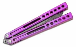 Heibel Knives Invictus Balisong #122 Butterfly Knife 4.75″ RWL-34 Acid Washed Harpoon Blade, Violet Integral Tapered Full Channel Titanium Handles -SANFORD CUSTOM KNIVES Sales HEIINV122 4