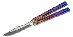 Heibel Knives Invictus Balisong #124 Butterfly Knife 4.75″ RWL-34 Acid Washed Two-Tone Harpoon Blade, Rainbow Fade Integral Tapered Full Channel Titanium Handles