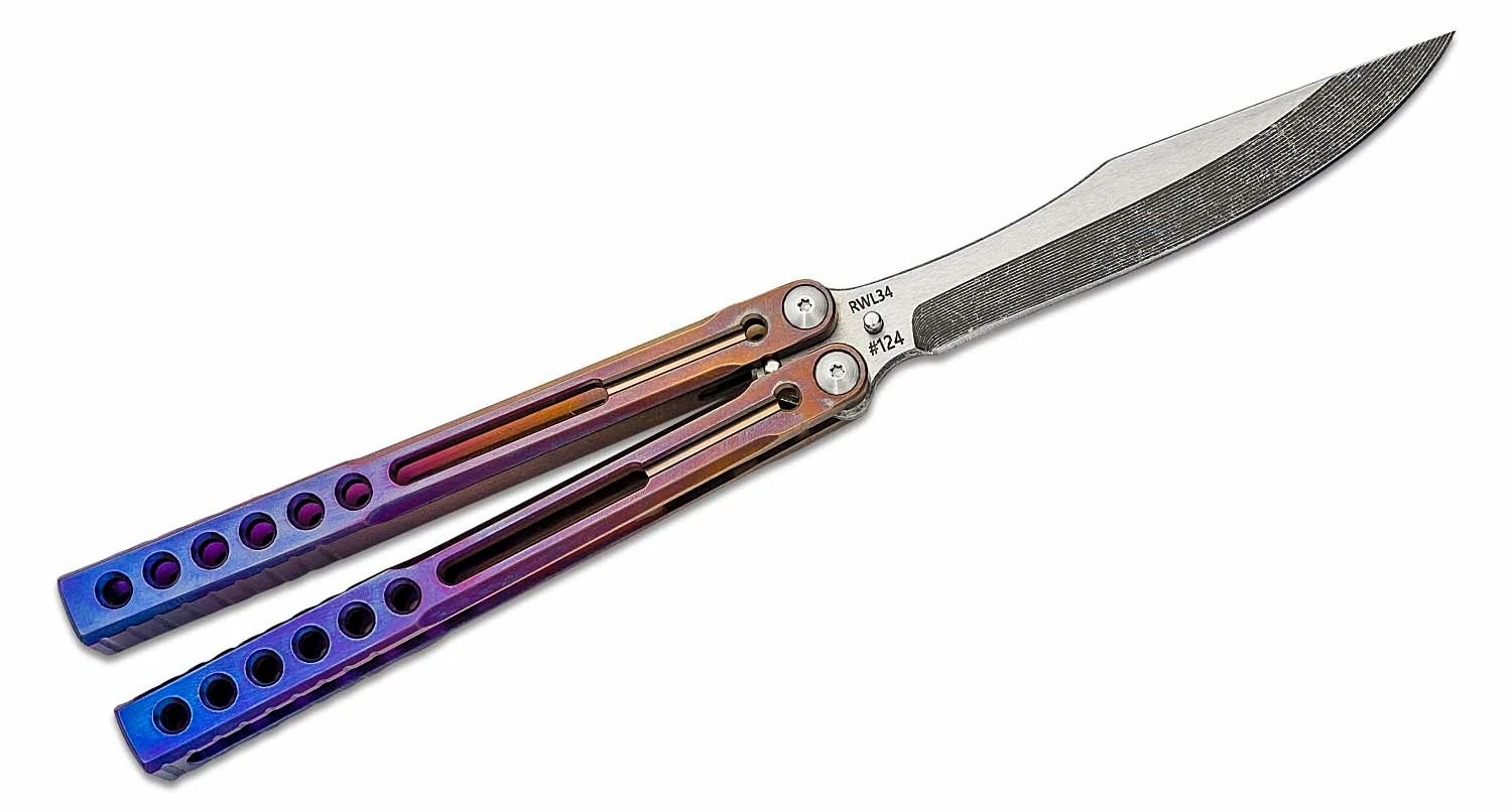 Heibel Knives Invictus Balisong #124 Butterfly Knife 4.75″ RWL-34 Acid Washed Two-Tone Harpoon Blade, Rainbow Fade Integral Tapered Full Channel Titanium Handles 4 Heibel Knives Invictus Balisong #124 Butterfly Knife 4.75″ RWL-34 Acid Washed Two-Tone Harpoon Blade, Rainbow Fade Integral Tapered Full Channel Titanium Handles - Image 2