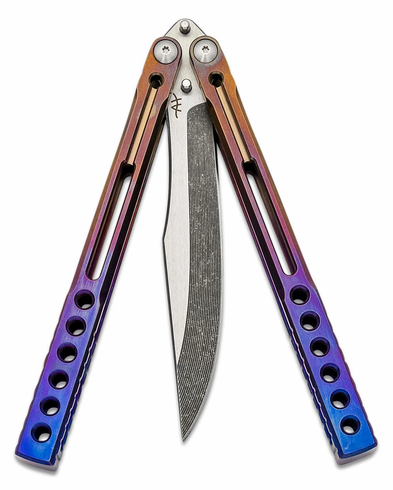 Heibel Knives Invictus Balisong #124 Butterfly Knife 4.75″ RWL-34 Acid Washed Two-Tone Harpoon Blade, Rainbow Fade Integral Tapered Full Channel Titanium Handles 5 Heibel Knives Invictus Balisong #124 Butterfly Knife 4.75″ RWL-34 Acid Washed Two-Tone Harpoon Blade, Rainbow Fade Integral Tapered Full Channel Titanium Handles - Image 3