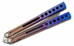 Heibel Knives Invictus Balisong #124 Butterfly Knife 4.75″ RWL-34 Acid Washed Two-Tone Harpoon Blade, Rainbow Fade Integral Tapered Full Channel Titanium Handles 9 Heibel Knives Invictus Balisong #124 Butterfly Knife 4.75″ RWL-34 Acid Washed Two-Tone Harpoon Blade, Rainbow Fade Integral Tapered Full Channel Titanium Handles -SANFORD CUSTOM KNIVES Sales HEIINV124 4