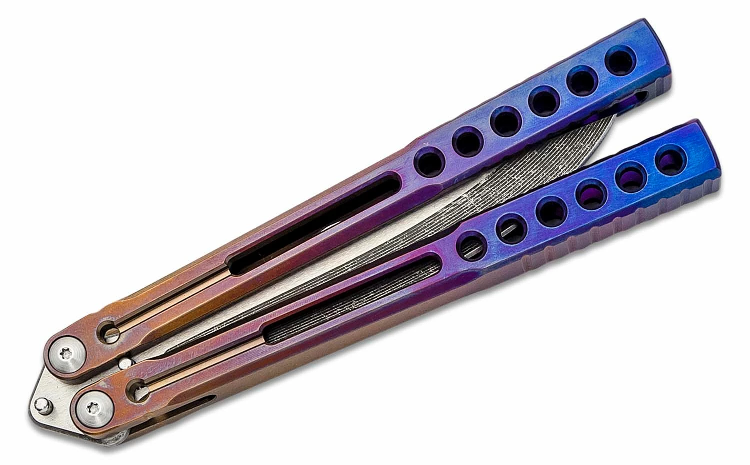 Heibel Knives Invictus Balisong #124 Butterfly Knife 4.75″ RWL-34 Acid Washed Two-Tone Harpoon Blade, Rainbow Fade Integral Tapered Full Channel Titanium Handles 6 Heibel Knives Invictus Balisong #124 Butterfly Knife 4.75″ RWL-34 Acid Washed Two-Tone Harpoon Blade, Rainbow Fade Integral Tapered Full Channel Titanium Handles - Image 4