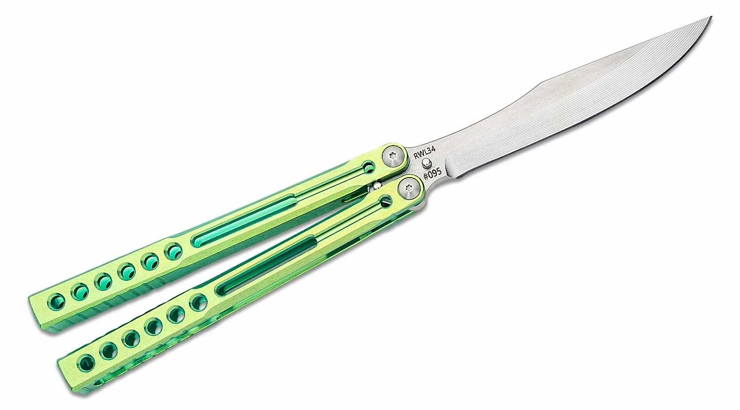 Heibel Knives Invictus Balisong #95 Butterfly Knife 4.75″ RWL-34 Stonewashed Harpoon Blade, Green Integral Tapered Full Channel Titanium Handles 5 Heibel Knives Invictus Balisong #95 Butterfly Knife 4.75″ RWL-34 Stonewashed Harpoon Blade, Green Integral Tapered Full Channel Titanium Handles - Image 3