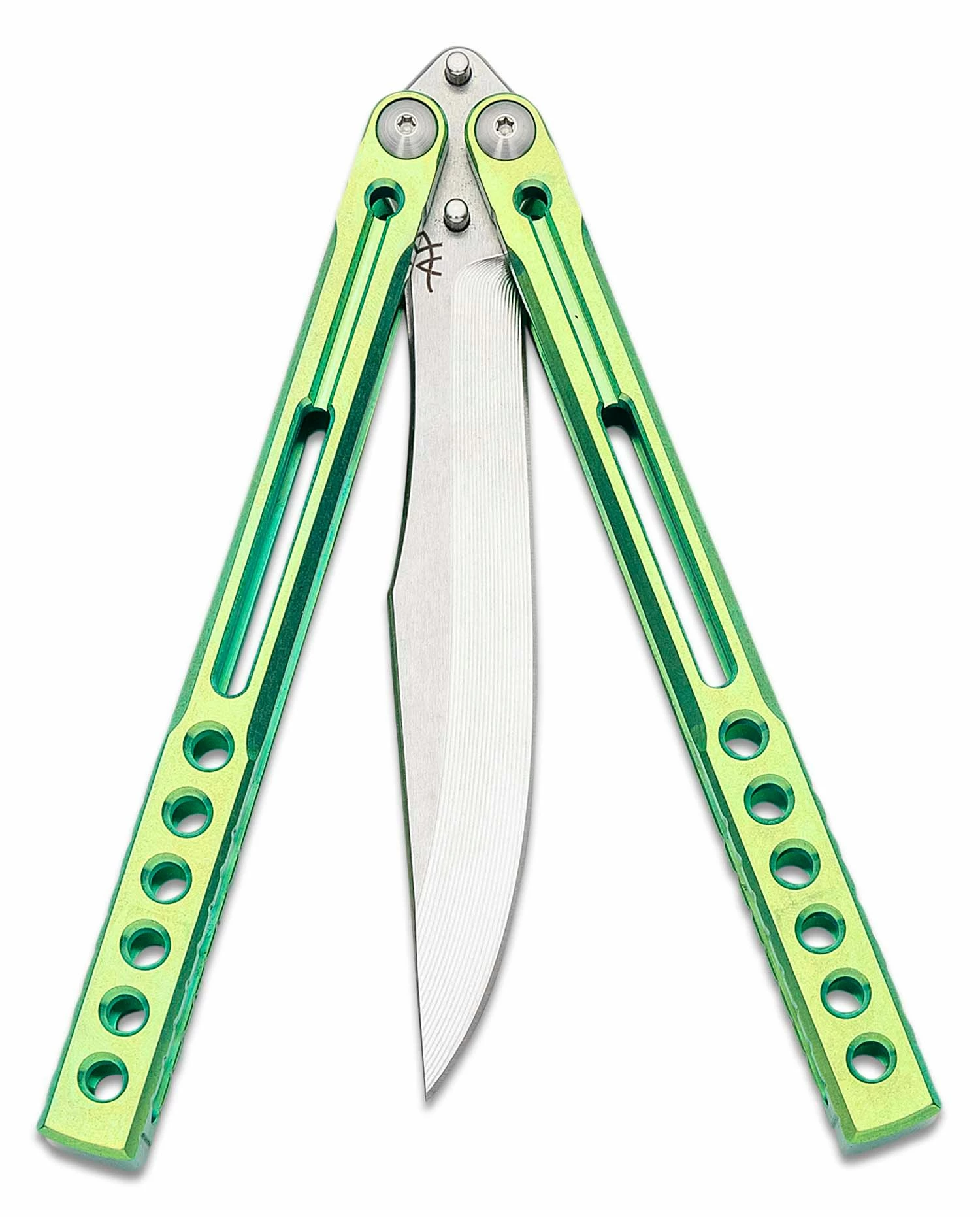 Heibel Knives Invictus Balisong #95 Butterfly Knife 4.75″ RWL-34 Stonewashed Harpoon Blade, Green Integral Tapered Full Channel Titanium Handles 4 Heibel Knives Invictus Balisong #95 Butterfly Knife 4.75″ RWL-34 Stonewashed Harpoon Blade, Green Integral Tapered Full Channel Titanium Handles - Image 2