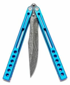 Heibel Knives Invictus Balisong #96 Butterfly Knife 4.75″ RWL-34 Acid Washed Harpoon Blade, Blue Integral Tapered Full Channel Titanium Handles 8 Heibel Knives Invictus Balisong #96 Butterfly Knife 4.75″ RWL-34 Acid Washed Harpoon Blade, Blue Integral Tapered Full Channel Titanium Handles -SANFORD CUSTOM KNIVES Sales HEIINV96 3