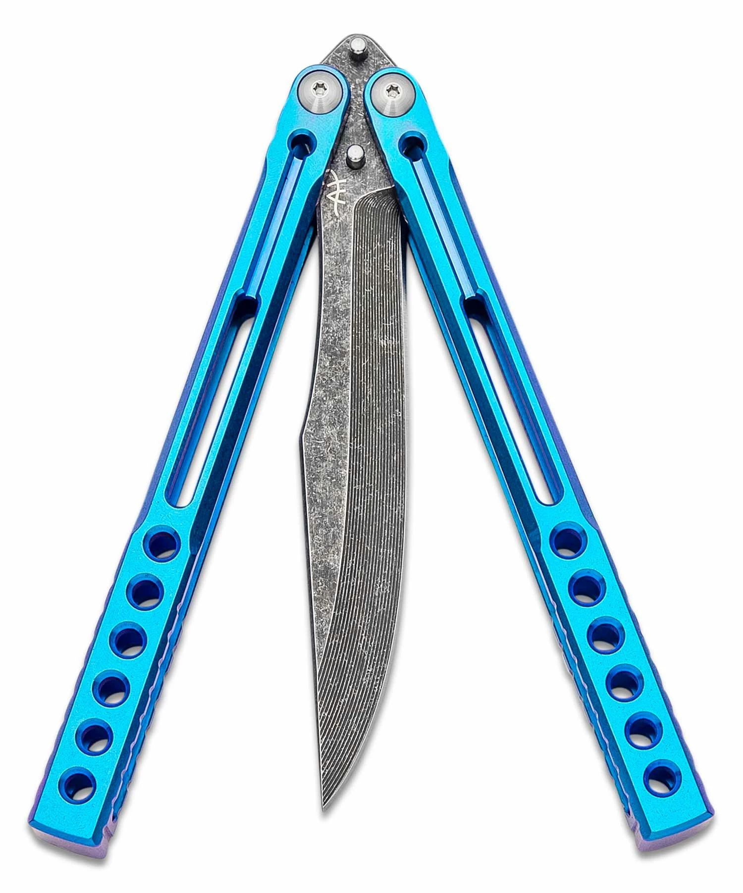 Heibel Knives Invictus Balisong #96 Butterfly Knife 4.75″ RWL-34 Acid Washed Harpoon Blade, Blue Integral Tapered Full Channel Titanium Handles 5 Heibel Knives Invictus Balisong #96 Butterfly Knife 4.75″ RWL-34 Acid Washed Harpoon Blade, Blue Integral Tapered Full Channel Titanium Handles - Image 3