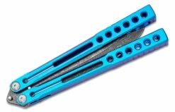 Heibel Knives Invictus Balisong #96 Butterfly Knife 4.75″ RWL-34 Acid Washed Harpoon Blade, Blue Integral Tapered Full Channel Titanium Handles 9 Heibel Knives Invictus Balisong #96 Butterfly Knife 4.75″ RWL-34 Acid Washed Harpoon Blade, Blue Integral Tapered Full Channel Titanium Handles -SANFORD CUSTOM KNIVES Sales HEIINV96 4