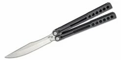 Heibel Knives Invictus Balisong #97 Butterfly Knife 4.75″ RWL-34 Stonewashed Harpoon Blade, Blackened Integral Tapered Full Channel Titanium Handles