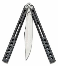 Heibel Knives Invictus Balisong #97 Butterfly Knife 4.75″ RWL-34 Stonewashed Harpoon Blade, Blackened Integral Tapered Full Channel Titanium Handles -SANFORD CUSTOM KNIVES Sales HEIINV97 3