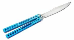 Heibel Knives Invictus Balisong #99 Butterfly Knife 4.75″ RWL-34 Stonewashed Harpoon Blade, Blue Integral Tapered Full Channel Titanium Handles -SANFORD CUSTOM KNIVES Sales HEIINV99 2