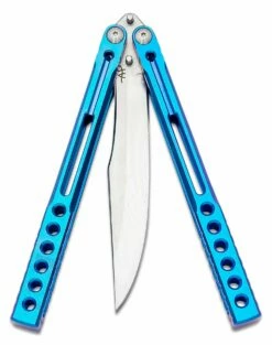 Heibel Knives Invictus Balisong #99 Butterfly Knife 4.75″ RWL-34 Stonewashed Harpoon Blade, Blue Integral Tapered Full Channel Titanium Handles -SANFORD CUSTOM KNIVES Sales HEIINV99 3