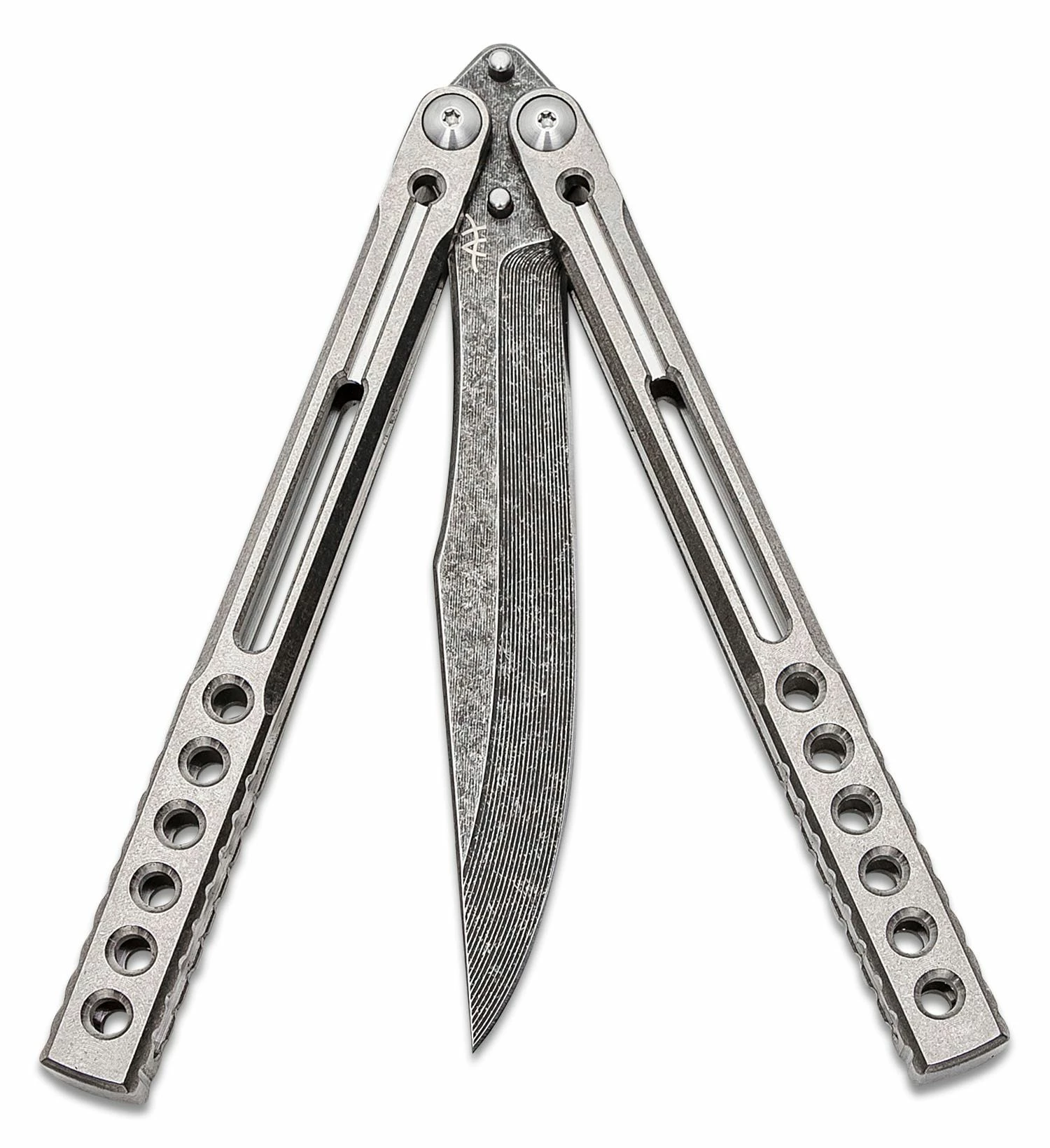 Heibel Knives Invictus Balisong Butterfly Knife 4.75″ RWL-34 Stonewashed Harpoon Blade, Integral Tapered Full Channel Titanium Handles 4 Heibel Knives Invictus Balisong Butterfly Knife 4.75″ RWL-34 Stonewashed Harpoon Blade, Integral Tapered Full Channel Titanium Handles - Image 2