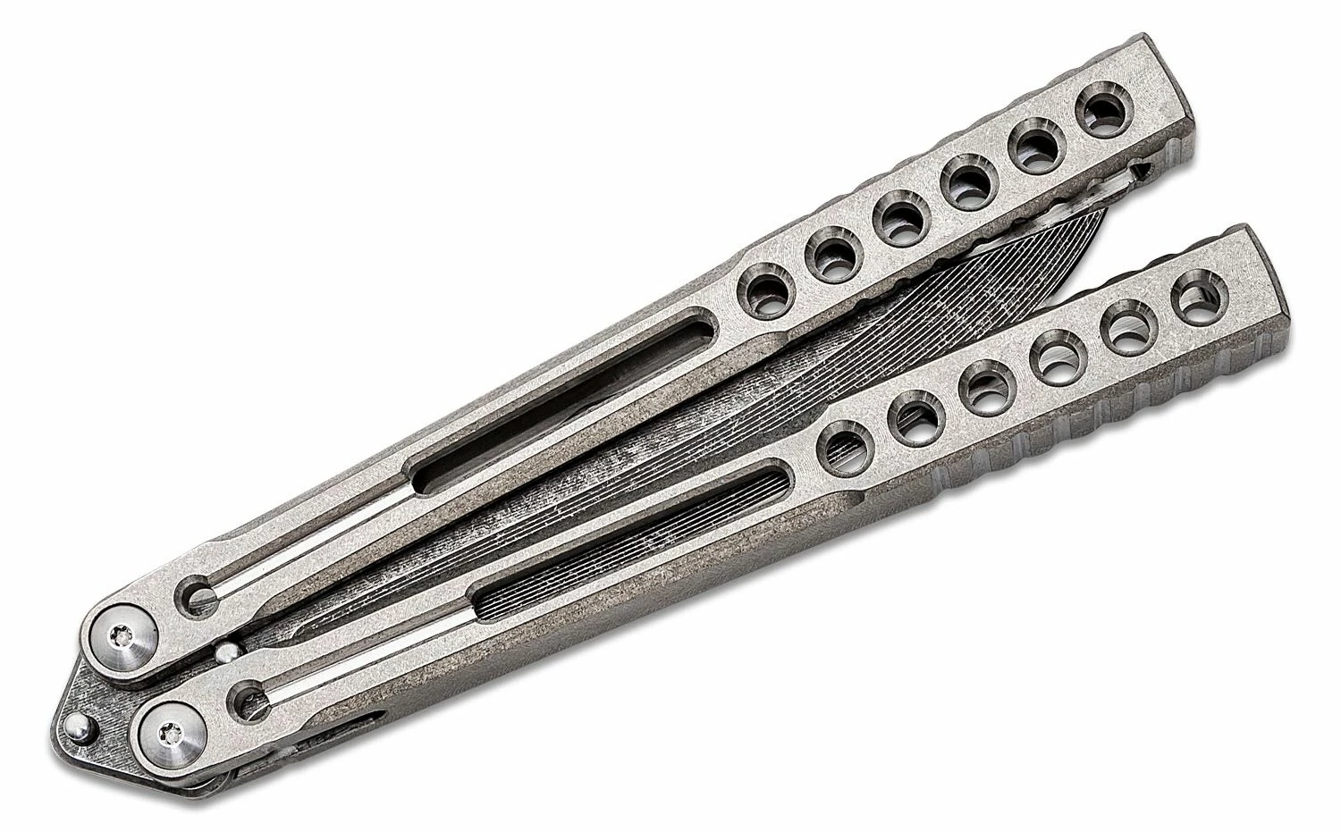 Heibel Knives Invictus Balisong Butterfly Knife 4.75″ RWL-34 Stonewashed Harpoon Blade, Integral Tapered Full Channel Titanium Handles 5 Heibel Knives Invictus Balisong Butterfly Knife 4.75″ RWL-34 Stonewashed Harpoon Blade, Integral Tapered Full Channel Titanium Handles - Image 3