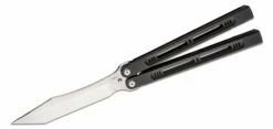 Heibel Knives Custom First Production Menace Balisong #059 Butterfly Knife 4.75″ RWL-34 Machine Ground Polished Tanto Blade, Blackened Integral Machined Titanium Handles