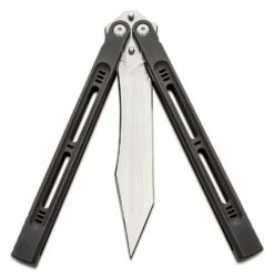 Heibel Knives Custom First Production Menace Balisong #059 Butterfly Knife 4.75″ RWL-34 Machine Ground Polished Tanto Blade, Blackened Integral Machined Titanium Handles -SANFORD CUSTOM KNIVES Sales HEIMENACE59 3