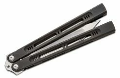 Heibel Knives Custom First Production Menace Balisong #059 Butterfly Knife 4.75″ RWL-34 Machine Ground Polished Tanto Blade, Blackened Integral Machined Titanium Handles -SANFORD CUSTOM KNIVES Sales HEIMENACE59 4