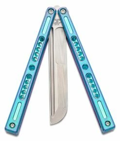 Joseph Hansen Custom Solo #051 Butterfly Knife 4.5″ S35VN Zirblasted Blade, Blue/Purple Anodized Sandwich Titanium Handles -SANFORD CUSTOM KNIVES Sales HMSOLO051 3