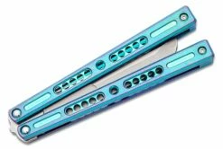 Joseph Hansen Custom Solo #051 Butterfly Knife 4.5″ S35VN Zirblasted Blade, Blue/Purple Anodized Sandwich Titanium Handles -SANFORD CUSTOM KNIVES Sales HMSOLO051 4