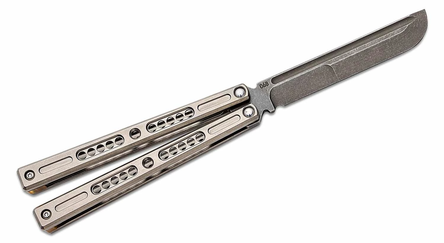 Joseph Hansen Custom Solo #068 Butterfly Knife 4.5″ S35VN Acid Washed Blade, Zirblasted Sandwich Titanium Handles 4 Joseph Hansen Custom Solo #068 Butterfly Knife 4.5″ S35VN Acid Washed Blade, Zirblasted Sandwich Titanium Handles - Image 2