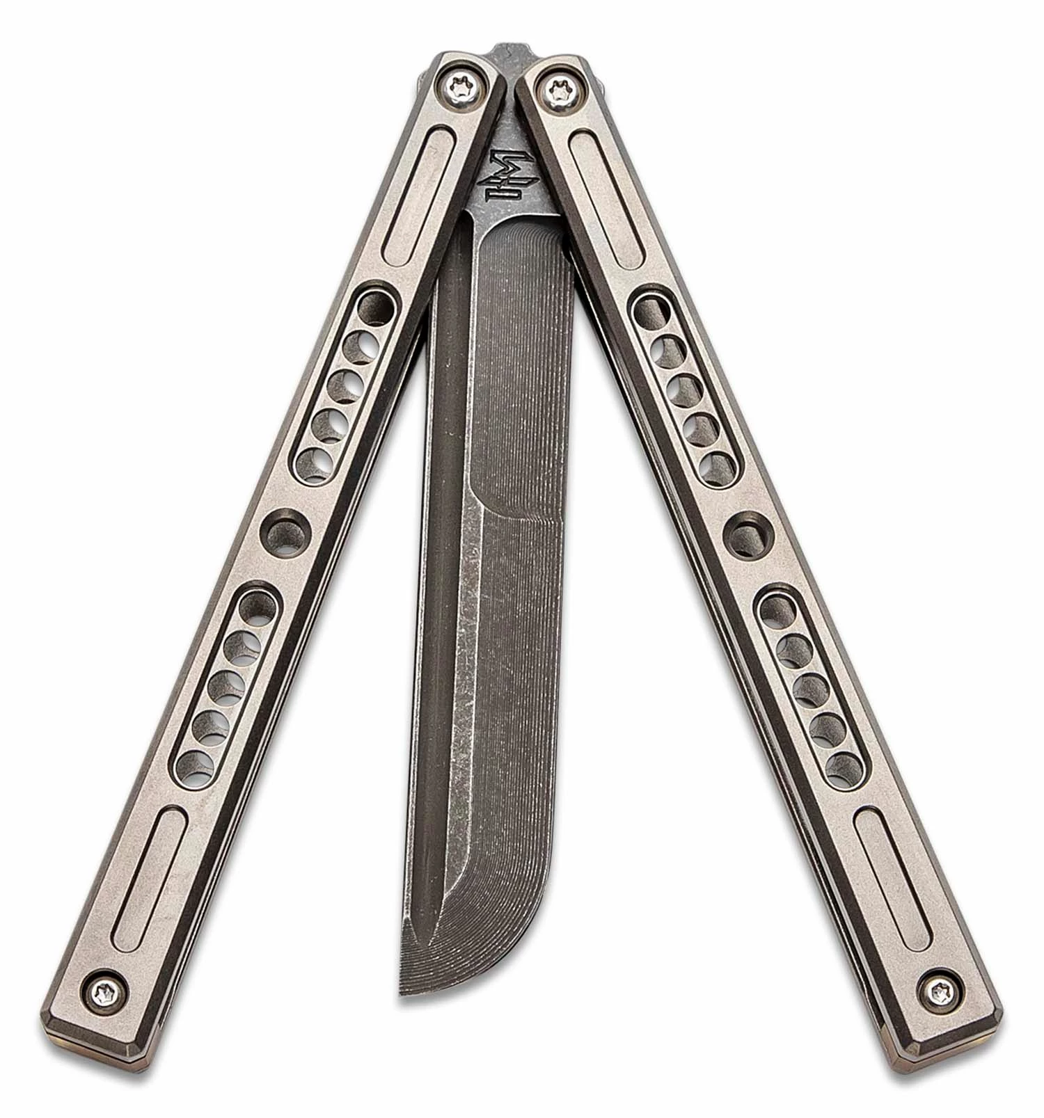 Joseph Hansen Custom Solo #068 Butterfly Knife 4.5″ S35VN Acid Washed Blade, Zirblasted Sandwich Titanium Handles 5 Joseph Hansen Custom Solo #068 Butterfly Knife 4.5″ S35VN Acid Washed Blade, Zirblasted Sandwich Titanium Handles - Image 3