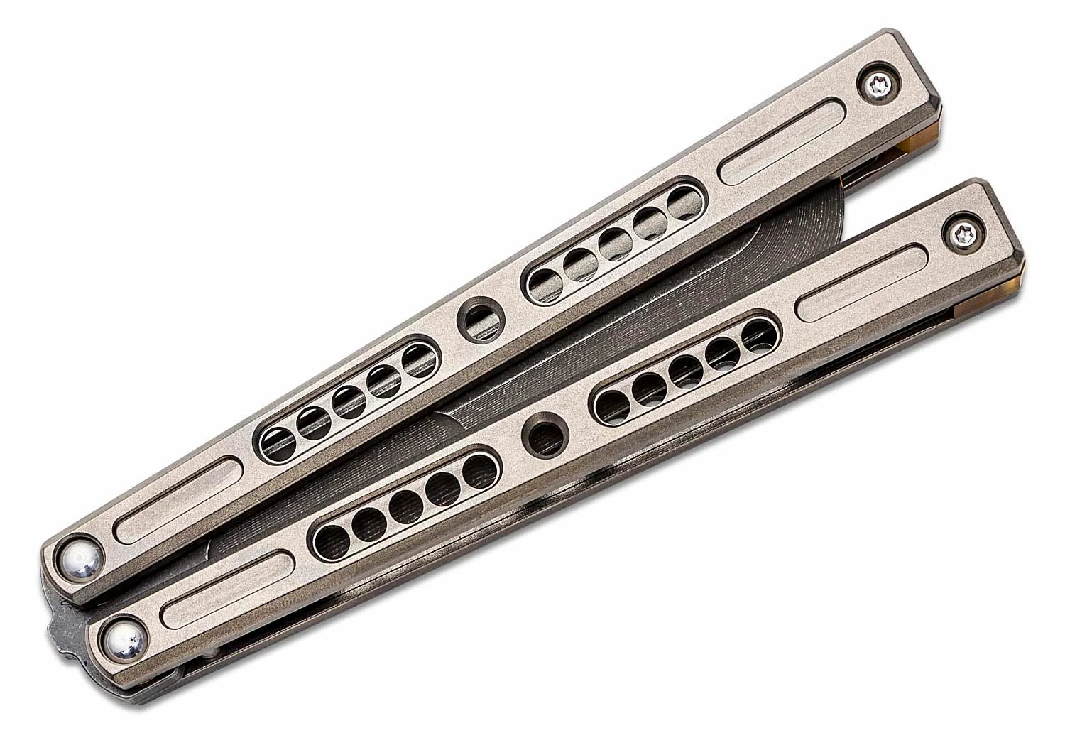 Joseph Hansen Custom Solo #068 Butterfly Knife 4.5″ S35VN Acid Washed Blade, Zirblasted Sandwich Titanium Handles 6 Joseph Hansen Custom Solo #068 Butterfly Knife 4.5″ S35VN Acid Washed Blade, Zirblasted Sandwich Titanium Handles - Image 4