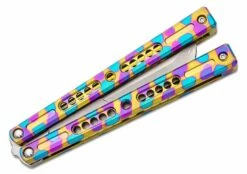 Joseph Hansen Custom Solo #080 Butterfly Knife 4.5″ S35VN Zirblasted Blade, Bacteria Anodized Sandwich Titanium Handles -SANFORD CUSTOM KNIVES Sales HMSOLO080 4