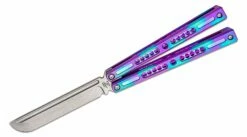 Joseph Hansen Custom Solo #096 Butterfly Knife 4.5″ S35VN Zirblasted Blade, Purple/Blue Camo Anodized Sandwich Titanium Handles