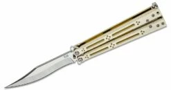 Hom Design Basilisk-R Balisong Butterfly Knife 4.625″ 154CM Recurve Bowie Blade, Ivory G10 Handles With Bronze Titanium Liners