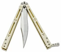 Hom Design Basilisk-R Balisong Butterfly Knife 4.625″ 154CM Recurve Bowie Blade, Ivory G10 Handles With Bronze Titanium Liners -SANFORD CUSTOM KNIVES Sales HOMBSLSKRIVGnb